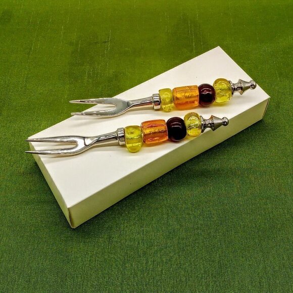 TAG Glass Bead Silver 2-Pc. Appetizer Fork Set NIB - Picture 4 of 4